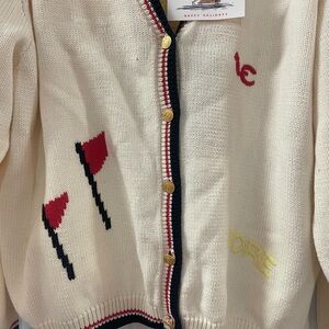 Liz Claiborne LIZGOLF Vintage Preppy Cream Cardigan with Red and Black Accents